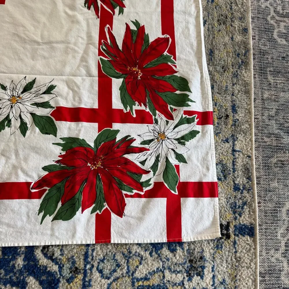 Vintage Vera Neumann Small Christmas Tablecloth Poinsettias 48x53